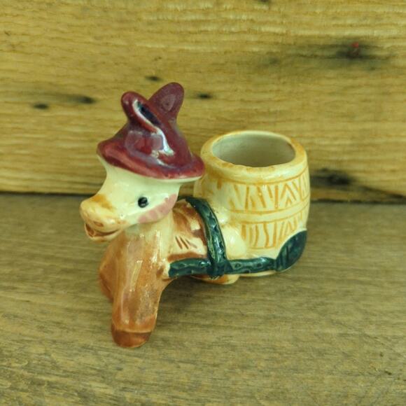 Vintage 50s Ceramic Donkey Pulling Barrel Cart Tiny Planter or Toothpick Holder - Picture 1 of 10
